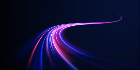 Racing cars dynamic flash effects city road with long exposure night lights. Power energy. LED glare tape. Futuristic dynamic motion technology.