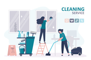 Cleaning service or company, concept. Office cleaning, women workers with cleaning tools. Team doing housework. Professional occupation. Janitor washing windows and furniture.