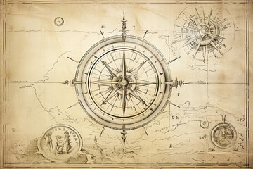 Nautcal compass and vintage map sketch drawing. Exploration and sailing concept. Poster design. Generative Ai - obrazy, fototapety, plakaty