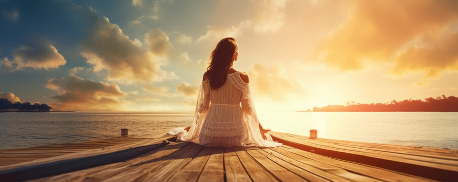 Happy woman sitting on wooden pier with sunset ocean in background.