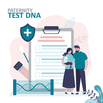 Paternity testing, concept. Genetic laboratory, DNA research, test results. Married couple with their daughter stand near DNA testing report. Partnership, happy family.