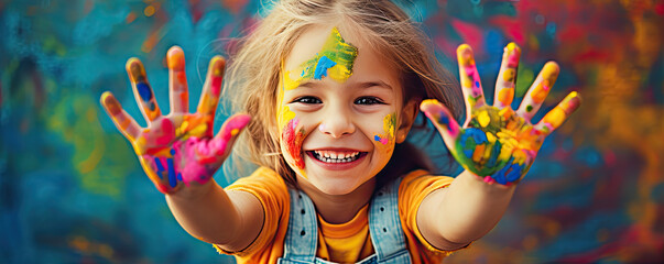 Smiling child with shoving hands painted color. - obrazy, fototapety, plakaty