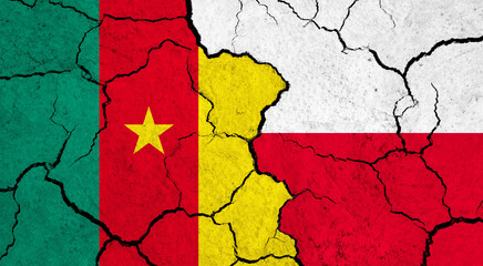 Flags of Cameroon and Poland on cracked surface - politics, relationship concept