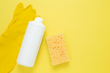 Various accessories cleaning products, rags, sponges and brushes. Top view, flat lay, copy space