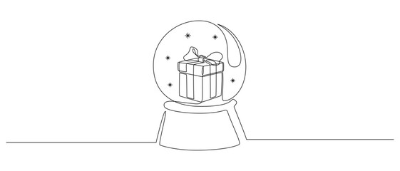 One continuous line drawing of Christmas crystal snow globe with gift box. Magic glass ball for winter xmas holiday concept in simple linear style. Editable stroke. Doodle vector illustration