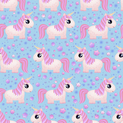 Unicorn pattern. Cartoon unicorn print. Fantasy animal background. Cute pink little magical unicorn. Children cartoon fantasy horse. Adorable pony, magical stars, pink clouds. Fairytale. Wonderland.