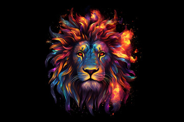Lion's Fiery Brilliance: A Multicolored Mane of Flames generated by AI