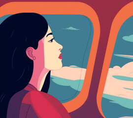 woman character plane trip journey flight person transportation window passenger seat. Generative AI.