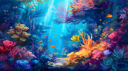 Obraz na płótnie Canvas Sunlit Underwater Wonderland: Exploring the Vibrant Marine Life and Coral Reef generated by AI