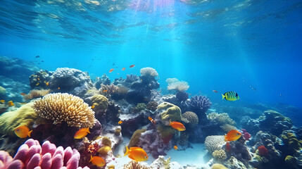 Fototapeta na wymiar Sunlit Underwater Wonderland: Exploring the Vibrant Marine Life and Coral Reef generated by AI