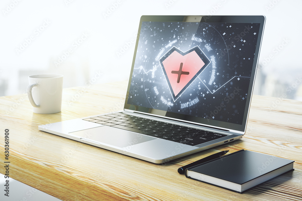 Poster creative abstract heart pulse hologram on modern computer monitor, online medical consulting concept