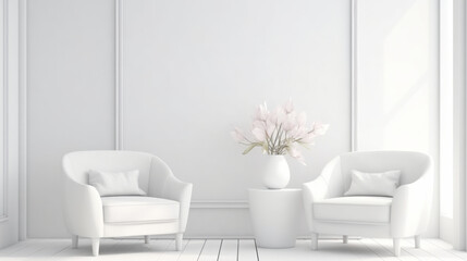 A minimalist white room with two chairs and a vase of flowers