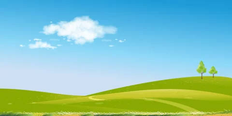 Fototapeten Spring Landscape Green fields,Mountain,Blue Sky and Clouds Background,Horizon peaceful rural nature Sunny day Summer with grass land.Cartoon Vector illustration for Spring and Summer banner © Anchalee