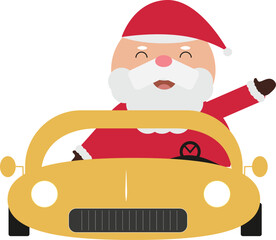 Santa Claus in the yellow car, vector santa driving car to delivery christmas gifts