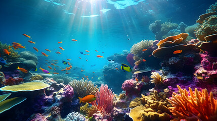 Fototapeta na wymiar Sunlit Underwater Wonderland: Exploring the Vibrant Marine Life and Coral Reef generated by AI