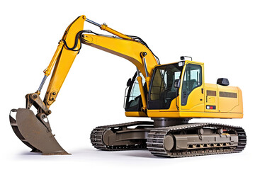 A yellow excavator on a white background. Digging machine or a product advertisement for a company