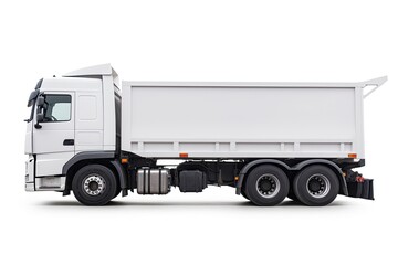 A white truck with a large cargo container on the back on a white background. Delivery vehicle or a representation of a modern logistics system