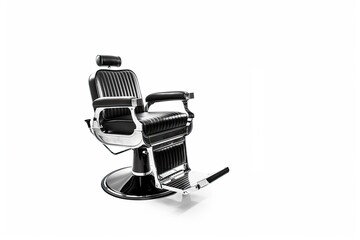 A reclined barber chair with a black leather seat and backrest and a silver metal base on a white background. The backrest has vertical stripes.