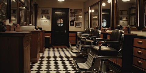 A modern barbershop with a checkered floor and black and white walls. The shop has three black and chrome barber chairs and a wooden counter.