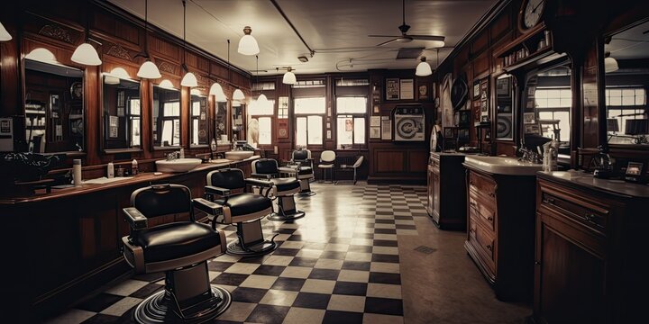 An Old-fashioned Barbershop With A Checkered Floor And A Gold-framed Mirror. The Shop Has Four Black Leather Barber Chairs And A Wooden Counter.