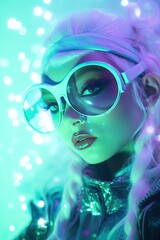 A woman wearing psychedelic mint-green sunglasses and a glittery headband, illuminated by a vibrant violet night embodies the retro-futuristic 80s fashion of cyberpunk vaporwave and holographic glitc