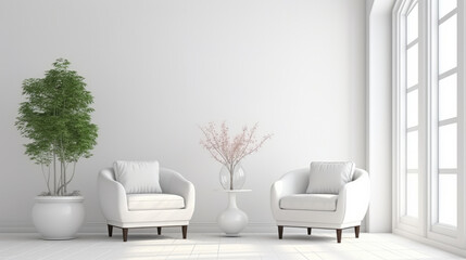 A minimalist white room with two chairs and a potted plant