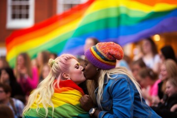 Obraz premium una pareja de jovenes lesbianas de besan durante el dia del orgullo LGTBI