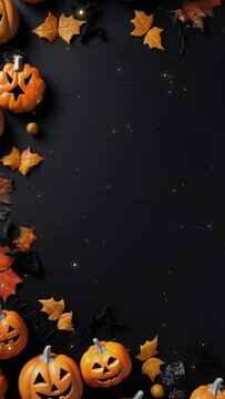 Vertical video halloween pumpkin and bat on black background