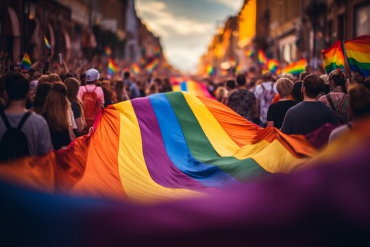 una multitud de gente ondean una bandiera arco iris durante el desfile del dia del orgullo LGTBI