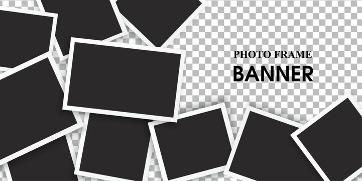 banner of empty photo frames compositions. Realistic vector mockups. Retro photo frames with shadow isolated on transparent background. 