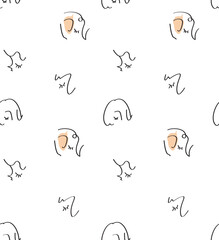 Continuous line, drawing of faces, fashion minimalist concept, vector illustration. Modern fashion designs, Glamour one line drawing women faces seamless pattern. white background