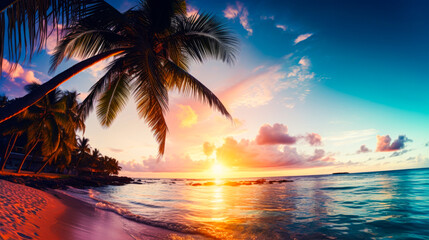 Fototapeta na wymiar Colored beach with palm trees with sunset light and reflections. Vacation, romance Ai generation