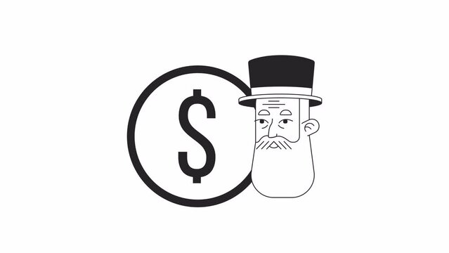 Top hat capitalist with dollar coin bw outline 2D animation. Elderly beard banker with gold coin 4K video motion graphic. Money man monochrome linear animated cartoon flat concept, white background