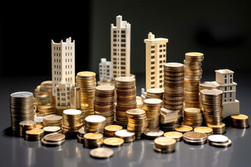 IA Generative Lots of coins stacked on top of buildings with black backgrounds