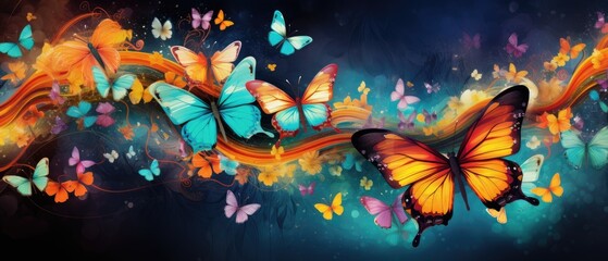 Fototapeta na wymiar Colorful butterflies in the air, Magical abstract colorful background wallpaper, Generative AI.