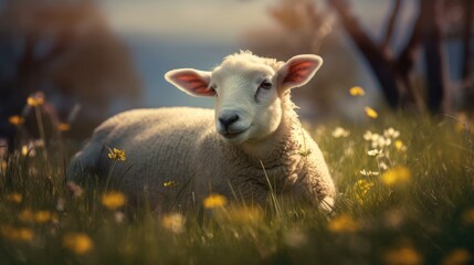 Cute lamb grazing on a green meadow. Created with Generative AI. - obrazy, fototapety, plakaty