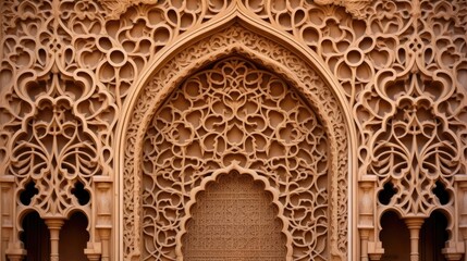Beautiful work of exterior detail on a Islamic mosque, Generative AI.