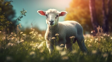 Cute lamb grazing on a green meadow. Created with Generative AI. - obrazy, fototapety, plakaty