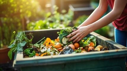 Person composting food waste in backyard compost bin garden