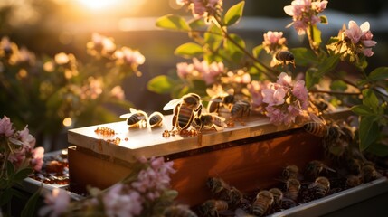 Naklejka na ściany i meble Garden apiary, hard working bees in morning sunlight, Generative AI.