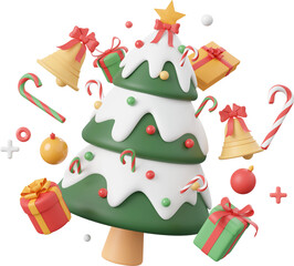 Christmas tree with gift and decorations, Christmas theme elements 3d illustration