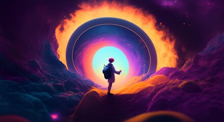 Psychedelic rainbow abstract world in alien universe. Sci-fi galaxy boy standing on planet clouds. AI generated