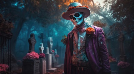 Obraz premium Man dressed for Mexican Day of the Dead. Created with Generative AI. 