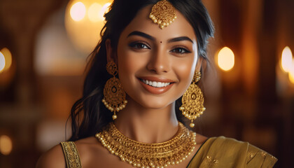 smile Indian Tradition Beautiful Woman in Traditional Dress Against a Vibrant Background