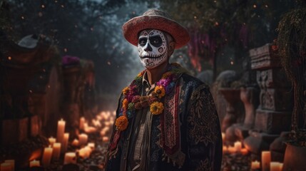 Fototapeta premium Man dressed for Mexican Day of the Dead. Created with Generative AI. 
