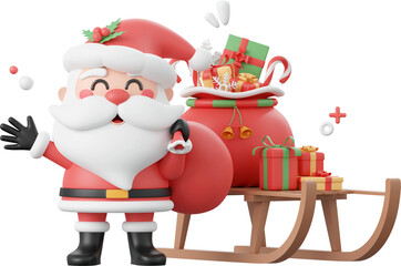 Santa Claus with Christmas gift on sleigh, Christmas theme elements 3d illustration