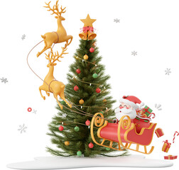 Santa Claus riding a sleigh around Christmas tree, Christmas theme elements 3d illustration