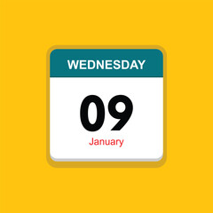 january 09 wednesday icon with yellow background, calender icon