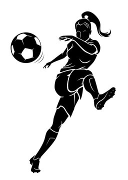 Female Front View Soccer Sport, Power Kick Foreshortening Illustration Silhouette