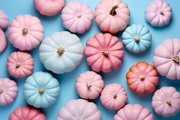Mix of different pumpkins on pastel blue background
